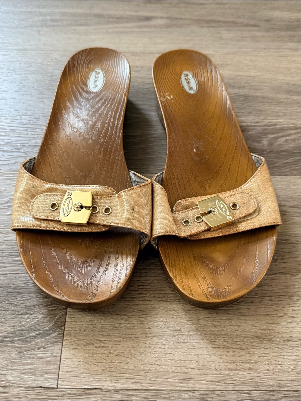 Dr. Scholl's Tan Leather Slide Mules with Gold Buckle